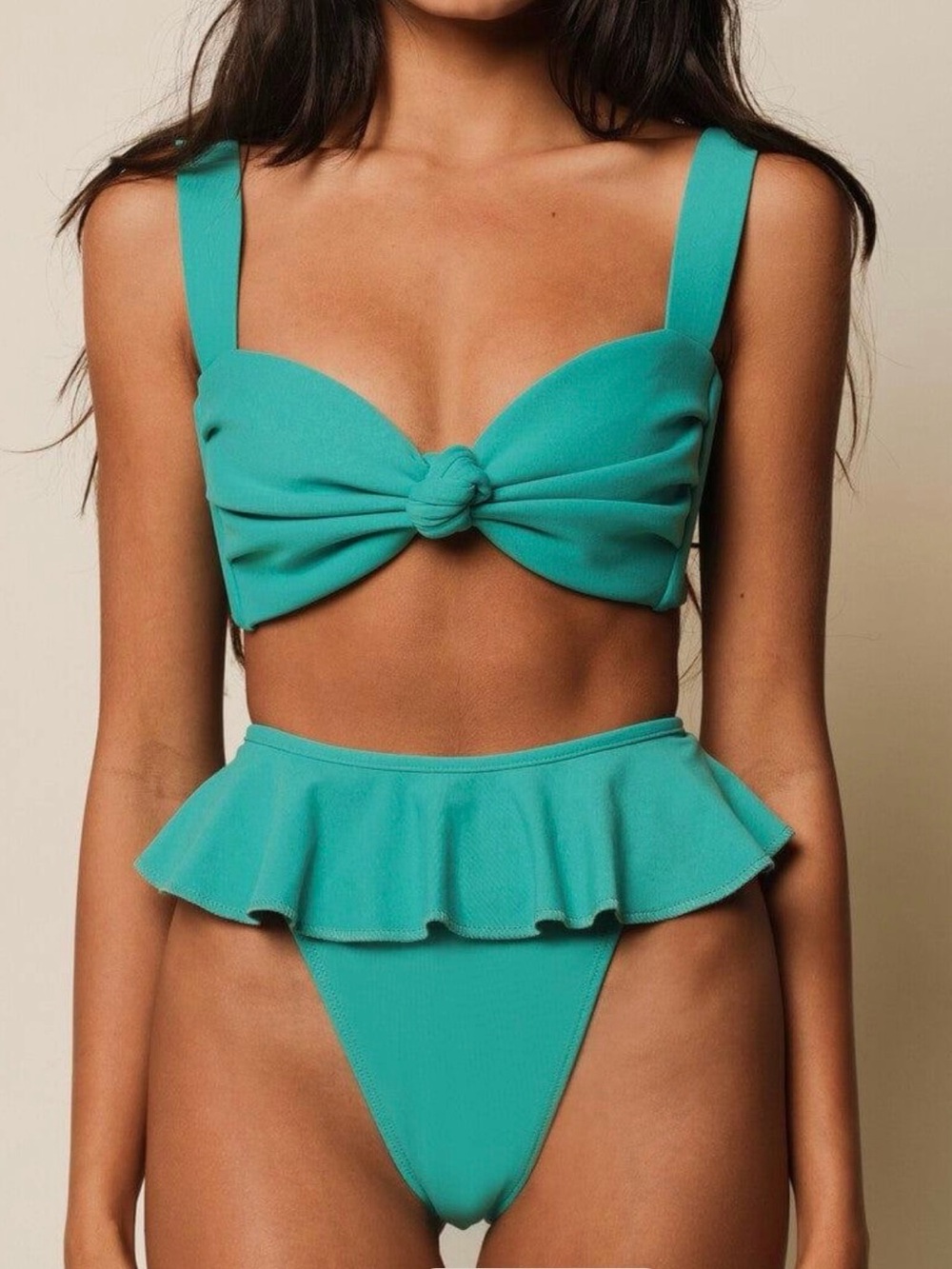Montce Teal Knot-Front Bikini Set with Ruffle Waist